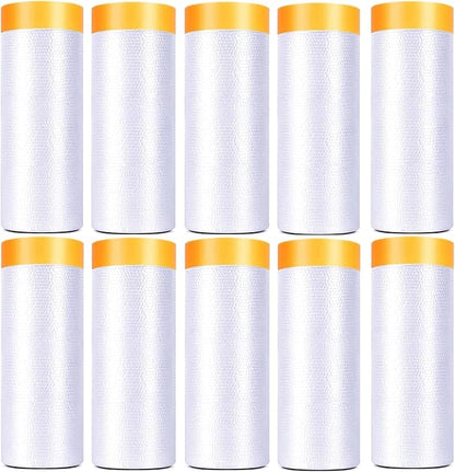 10 Pack Tape and Drape, 5x65.6 Ft Pre-Taped Masking Film for Auto Painting Covering, Plastic Pre-Adhesived Dust Paint Protective Drop Film for Furniture, Car, Floor