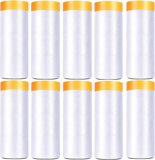 10 Pack Tape and Drape, 5x65.6 Ft Pre-Taped Masking Film for Auto Painting Covering, Plastic Pre-Adhesived Dust Paint Protective Drop Film for Furniture, Car, Floor