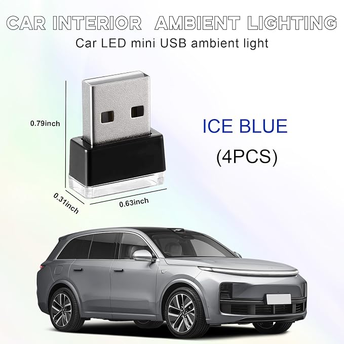 4 PCS USB LED Car Interior Atmosphere Lamp, Portable Mini LED Night Light, Plug-in USB Interface Trunk Ambient Lighting Kit, Universal Interior Car Accessories (Ice Blue)