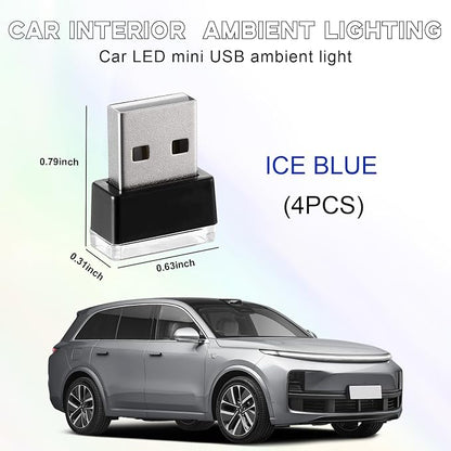 4 PCS USB LED Car Interior Atmosphere Lamp, Portable Mini LED Night Light, Plug-in USB Interface Trunk Ambient Lighting Kit, Universal Interior Car Accessories (Ice Blue)