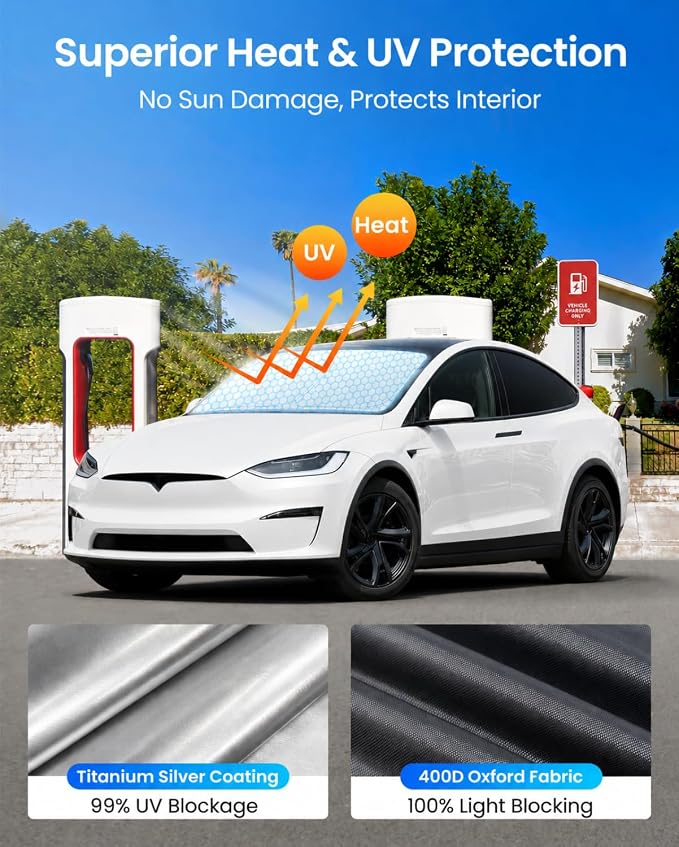 REEVAA Upgraded for Tesla Model X 2021-2026 Windshield Sunshade [Tailored Fit, 99% Sun Protection] Foldable Sun Shade Car Accessories with Storage Bag