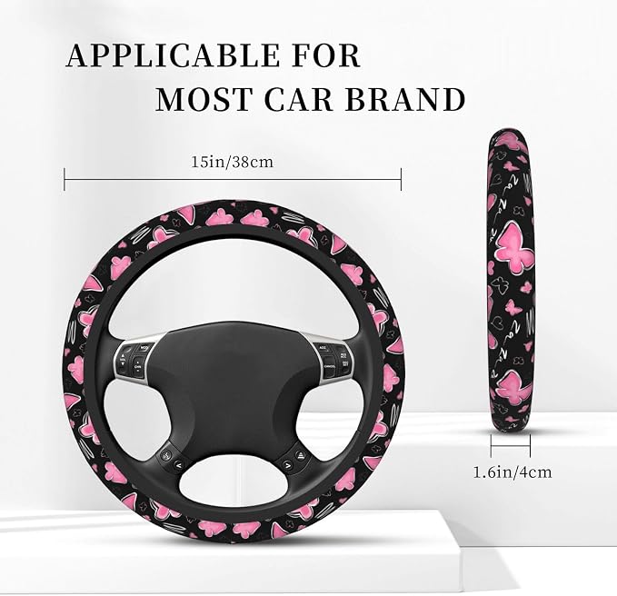 Pink Butterfly Steering Wheel Cover for Women, Universal Auto Steering Wheel 14-15 Inch Car Interior Accessories with 2PCS Car Coasters, Suitable for Men and Women