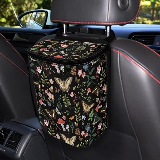 Talayituse Mushroom Butterfly Flower Print Car Trash Bin, Large Size Auto Trash Can Adjustable Portable Garbage Can with Lid, Vehicle Hanging Bag for Headrest Front Back Seat