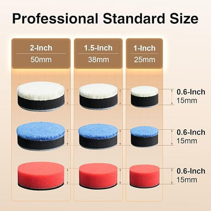 24PCS Multi-Size Polishing Pad Kit - 1/1.5/2 Inch Foam Wool Buffing Pads for Car Detailing Polishing Waxing (3 Sizes, 24-Pack)