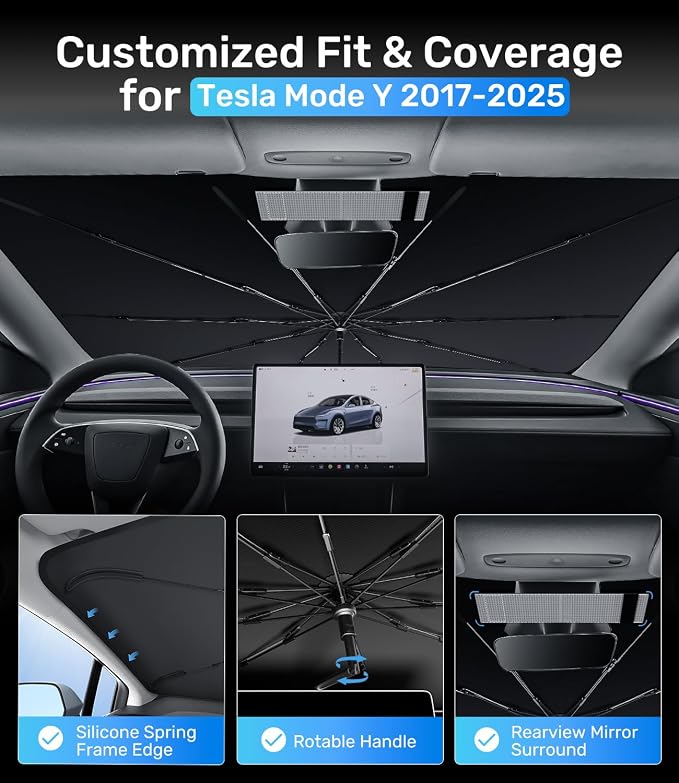 Zanch Upgrade Windshield Sun Shade, Custom Fit for Tesla Mode Y 2017-2026 [Titanium-Silver Reflective Coating] Blocks 99% UV & Heat, Sunshade Umbrella for Model Y 2017 ... 2024 2025 2026