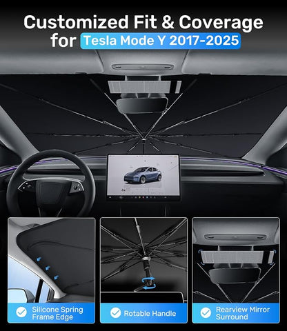 Zanch Upgrade Windshield Sun Shade, Custom Fit for Tesla Mode Y 2017-2026 [Titanium-Silver Reflective Coating] Blocks 99% UV & Heat, Sunshade Umbrella for Model Y 2017 ... 2024 2025 2026