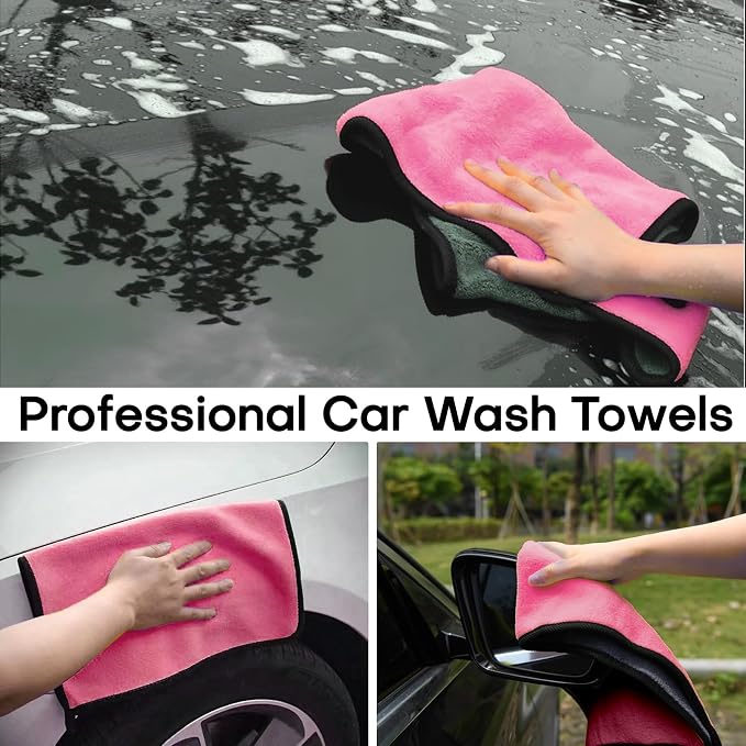 Hovom 3PCS Car Microfiber Towels, 23.62"×11.81" Lint-free Microfiber Towels for Cars Wash Drying, Super Absorbent Auto Cleaning Cloths, Reusable Washing & Detailing Towel, Car Cleaning Supplies (Pink)
