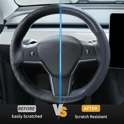Uxcer Carbon Fiber Leather Steering Wheel Cover for Tesla Model 3/Y 2016-2025 2026 Juniper/Highland, Non-Slip Breathable Steering Wheel Protector for Tesla Model 3/Y Accessories 2026