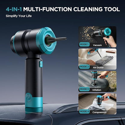 Handheld Car Vacuum Cleaner, 4-in-1 Cordless Rechargeable Mini Vacuum with Air Duster – Quickly Clean Crumbs, Pet Hair & Crevices in Car, Office, Home. Ideal for Commuters & Office Workers (Blue)