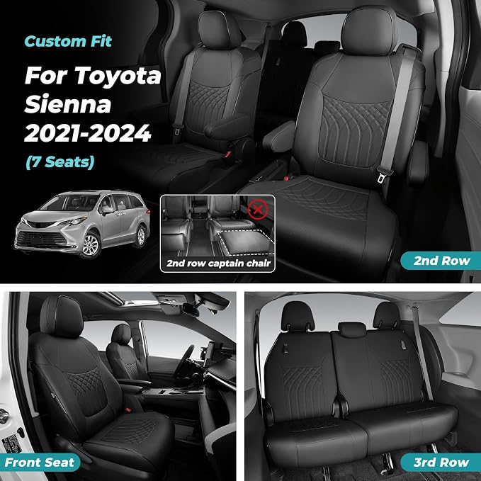 Customized for Toyota Sienna Seat Covers 2021-2026 Sienna 7 Seats 3 Row, Leather Car Seat Covers Waterproof Seat Covers Full Set for Cars, Car Seat Protectors, Airbag Compatible(Black)