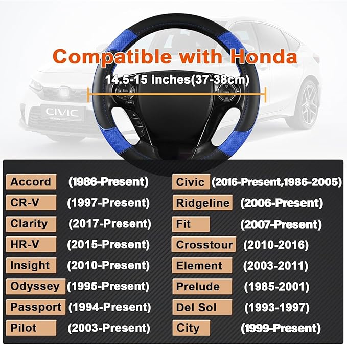 GIANT PANDA Microfiber Leather Steering Wheel Cover for Honda Accord,Civic,CR-V,HR-V,Pilot(Diamond-Pattern-Black+Blue-Standard Size)