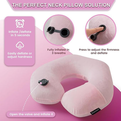 Keemall Inflatable Neck Pillow,Inflatable Travel Pillow Premium Pink U-Shaped with Soft Washable Cover, Compact Portable Airplane Travel Essentials for Flight, Car and Office, Travel Gift for Women