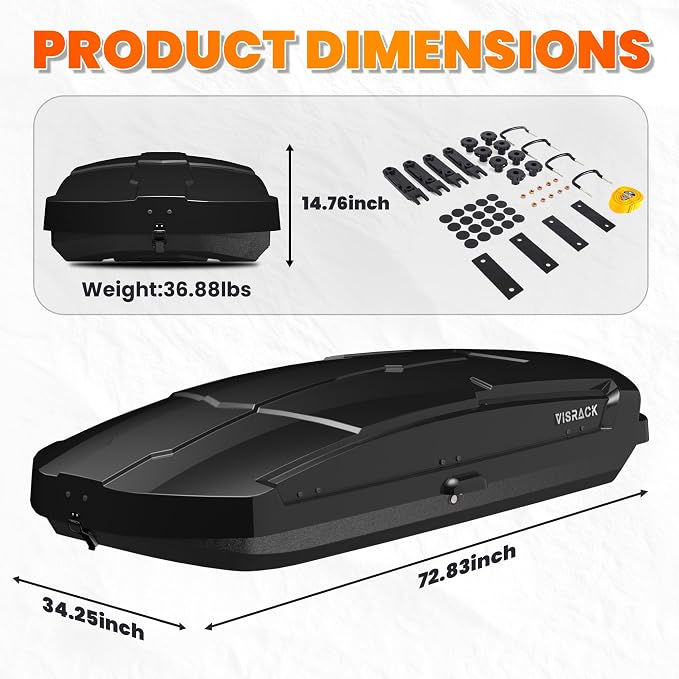 21 Cu Ft Cargo Box, Hard Shell Roof Cargo Carrier with Security Keys, 72.83" x 34.25" x 14.76" Roof Box, Dual-Sided Opening, Tool-Free Install, Black