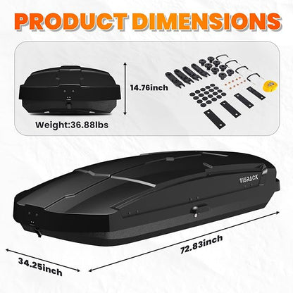21 Cu Ft Cargo Box, Hard Shell Roof Cargo Carrier with Security Keys, 72.83" x 34.25" x 14.76" Roof Box, Dual-Sided Opening, Tool-Free Install, Black
