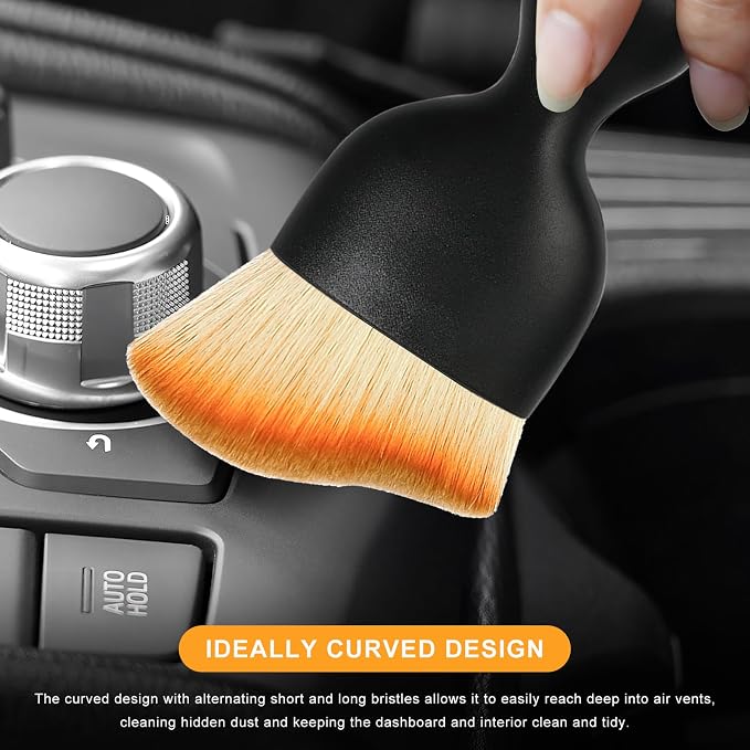 2 PCS Car Interior Detailing Brush, Curved Car Interior Cleaning Brush with Ultra Soft Bristles & Dust Cover, Scratch-Free Auto Dusting Brushes for Dashboard AC Vent Leather (Brown)