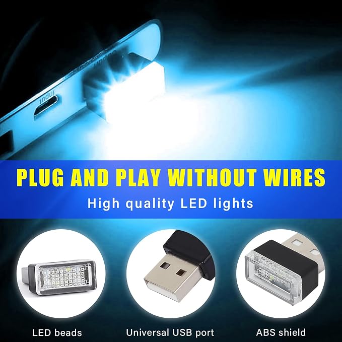 Augeny 4 PCS USB LED Car Interior Atmosphere Lamp, Plug-in USB Decor Night Light, Portable Auto Ambient Lighting Kit, Universal Vehicle Interior Accessories for Most Cars (Ice Blue)