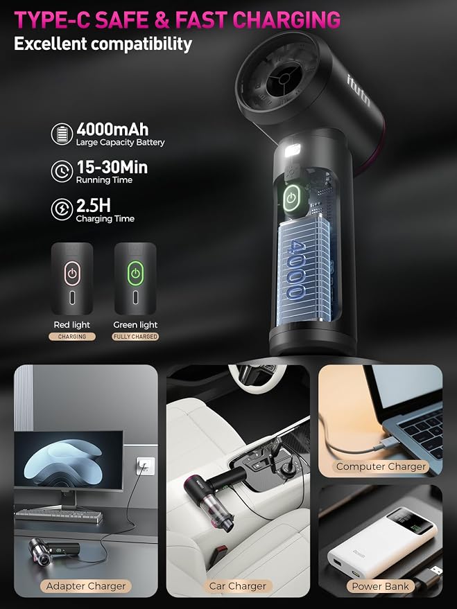 Mini Car Vacuum Portable Cordless with LED Light, 15000PA Powerful Suction, 80W High Power, One-Click Empty, Dual Hepa Filter, Y8plus Car Vacuum Cleaner & Air Duster for Home, Desk, PC, Keyboard