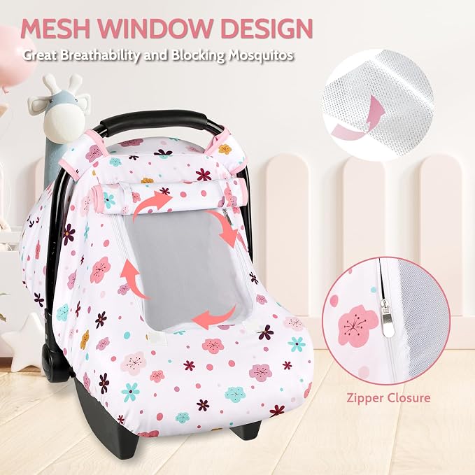 Pea Pod Car Seat Cover Baby, Infant Car Seat Canopy Covers with 2 Layers Windows of Breathable Mesh Fabric, Lightweight Polyester, Soft Minky Dot Backing (Floral Pattern)