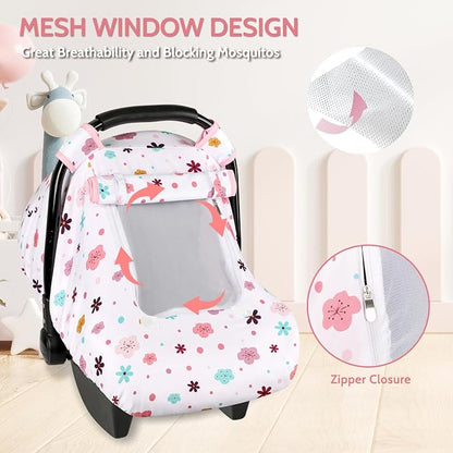 Pea Pod Car Seat Cover Baby, Infant Car Seat Canopy Covers with 2 Layers Windows of Breathable Mesh Fabric, Lightweight Polyester, Soft Minky Dot Backing (Floral Pattern)