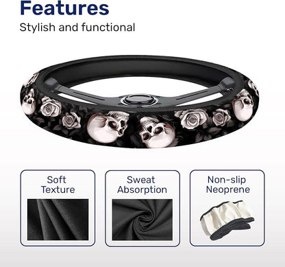 GENANY Rose Skull Steering Wheel Cover, Non Slip Polyester Car Wheel Protector for Car SUV Truck, Universal 15 Inch