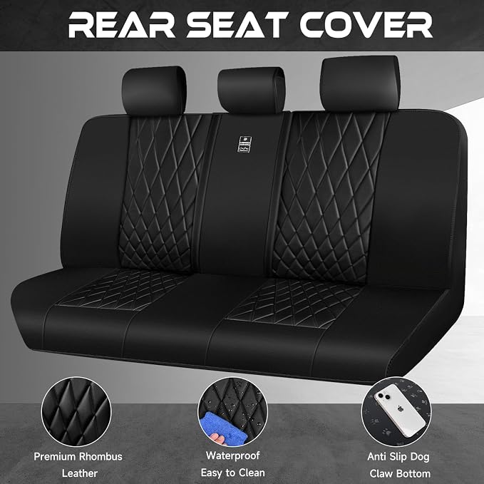 CAR PASS Luxury Faux Leather Rear Bench Car Seat Covers, Waterproof Anti Slip Back Seat Covers, Deluxe Automotive Backseat Cover Universal Fit for Most Cars Sedan SUV Pickup Truck (All Black)