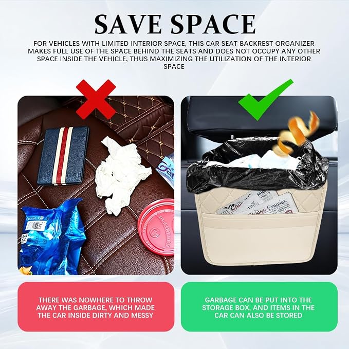 Car Seat Back Organizer, Car Organizers and Storage, Leather Multipurpose Vehicle Backseat Storage Pocket, Auto Interior Accessories Waterproof Hanging Bag for SUV Sedan Truck (Beige)