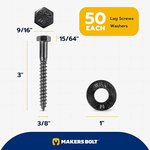 3/8 x 3 (50 Pack) Lag Screw Kit, 50 Screws and 50 Washers, Ceramic Black Ruspert Coating for Exterior Use, Meets ASTM A307 and ASME B18.2.1, Industrial/Commerical Grade by Makers Bolt