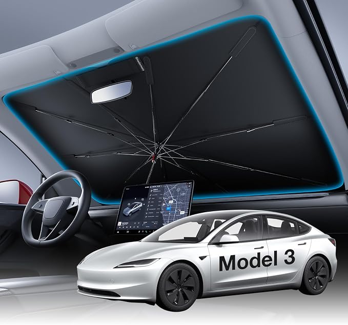 Wigoo Windshield Sun Shade Umbrella for Tesla Model 3 [100% Sun Blockage, Ice Cooling Fabric] Reflective Heat Insulation, Foldable Front Window Sunshade Umbrella for Tesla Model 3 2017–2026