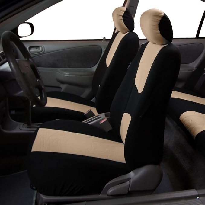 FH Group Flat Cloth Seat Covers Front Seat and Solid Rear Bench Full Set with Gift - Universal Fit for Cars, Trucks & SUVs (Beige/Black)