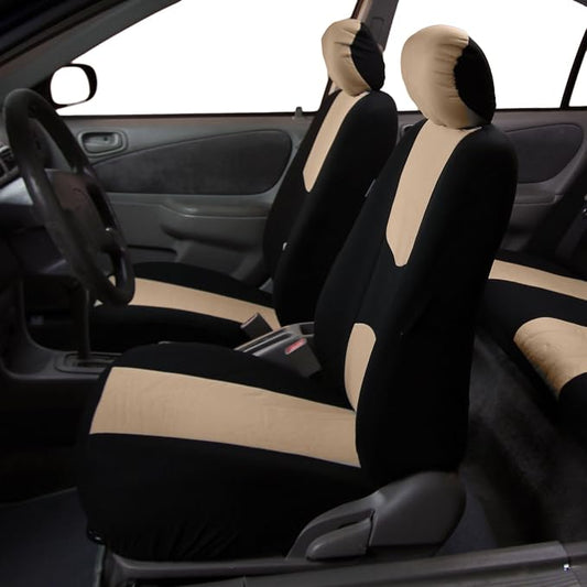 FH Group Flat Cloth Seat Covers Front Seat and Solid Rear Bench Full Set with Gift - Universal Fit for Cars, Trucks & SUVs (Beige/Black)