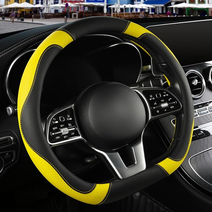 Microfiber Leather D Shaped Steering Wheel Cover, Breathable, Anti Slip, 13.5 inch to 14 inch, Black with Yellow