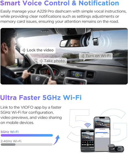 VIOFO A229 Pro 4K HDR Dash Cam, Dual STARVIS 2 IMX678 IMX675, 4K+2K Front and Rear Car Camera, 2 Channel with HDR, Voice Control, 5GHz WiFi GPS, Night Vision 2.0, 24H Parking Mode