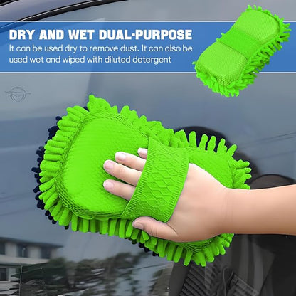 2PCS Microfiber Car Wash Sponge, Double Sided Chenille Microfiber Car Wash Mitt, Scratch Free & Lint Free, Absorbent Automotive Washing Sponges, Auto Cleaning Supplies (Green)