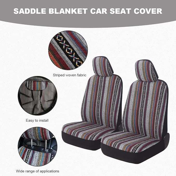 5 PCS Baja Saddle Blanket Car Seat Covers, Front Set Breathable Striped Woven Auto Seat Protector, Hippie Boho Airbag Compatible Seats Covers for Most Cars, SUVs, Trucks
