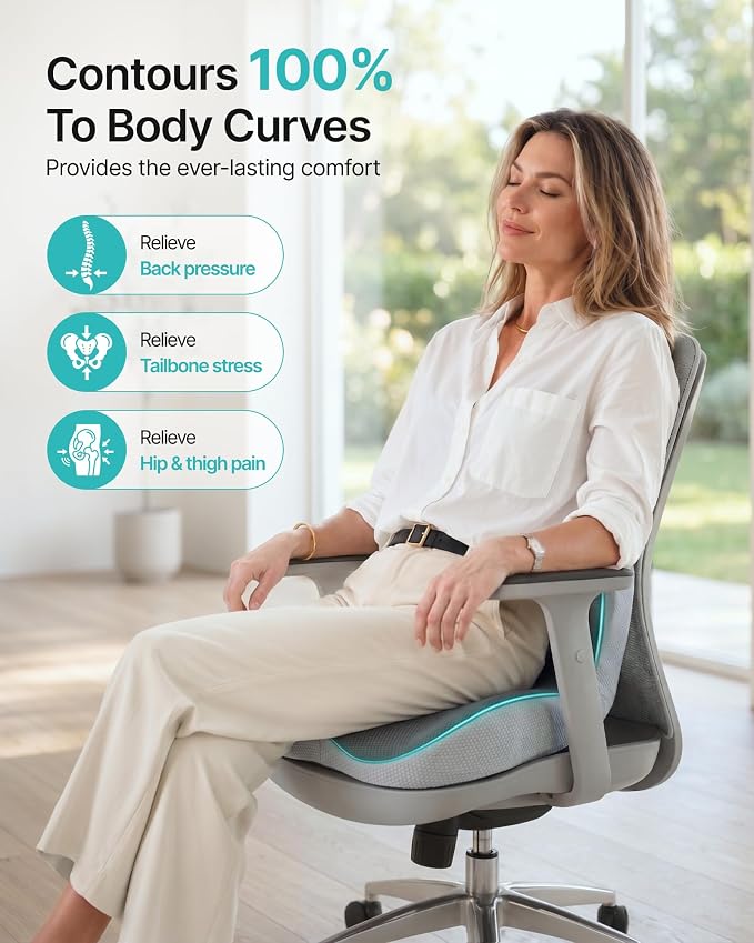 PEGZONE Seat Cushion & Ergonomic Lumbar Support Pillow Memory Foam Cushion for Office Chair, Car, Wheelchair – Orthopedic Pain Relief Cushion for Back, Sciatica, Tailbone, Butt - Gray
