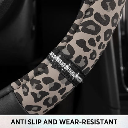 Road Comfort Leather Steering Wheel Cover – Premium Anti-Slip Car Steering Wheel Grip Cover – Universal Fit for 14.5”–15” Cars, Trucks & SUVs - Leopard Pattern