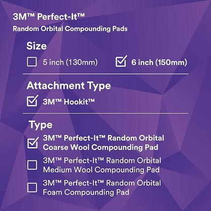 3M Perfect-It Random Orbital Coarse Wool Compounding Pad, 6"/150 mm, White, 34124, Orbital Pads for Automotive Compounding and Polishing