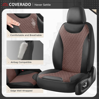 Coverado Front Car Seat Covers, Leather Seat Covers for Cars, Automotive Seat Protectors with Splicing Design，Waterproof Auto Seat Cushions Driver Seat Covers Universal for Most Cars, Black & Coffee