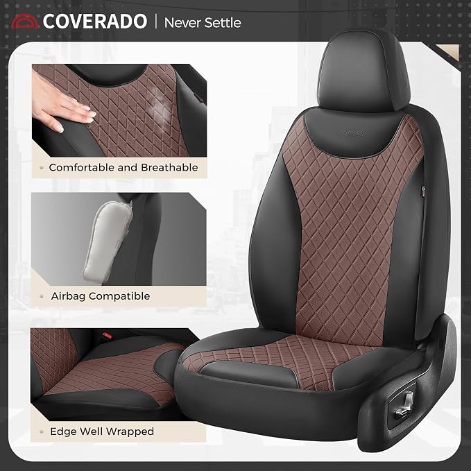 Coverado Car Seat Covers Full Set, Leather Seat Covers for Front and Back Seat, Waterproof Car Seat Protectors with Splicing Design, Automotive Seat Cushions Universal for Most Cars, Black & Coffee