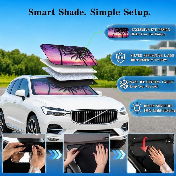 Car Windshield Sun Shade, Vacation Style Foldable Front Window Sunshade, UV Heat Protection Windshield Cover Universal Fits Crossover Mid-Large Sedan SUV Family Vehicle - 63 x 31.5