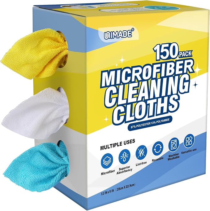 UNIMADE Microfiber Cleaning Cloth, 150 Pack Reusable Paper Towels Microfiber Towels for Cars Lint Free Shop Rags with Box for Home Kitchen Automotive, 11"x 9", Blue & Yellow & White