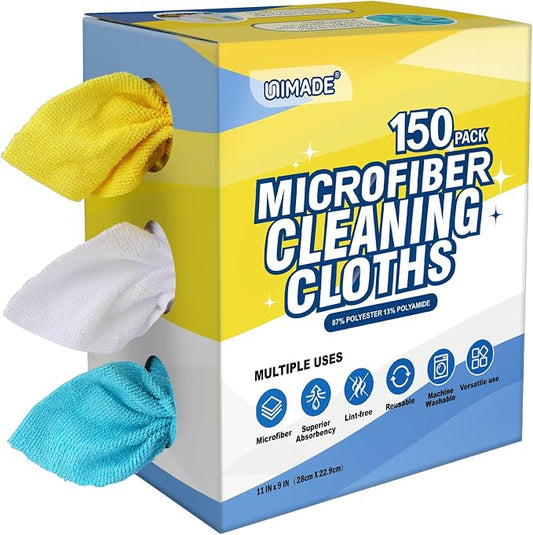 UNIMADE Microfiber Cleaning Cloth, 150 Pack Reusable Paper Towels Microfiber Towels for Cars Lint Free Shop Rags with Box for Home Kitchen Automotive, 11"x 9", Blue & Yellow & White
