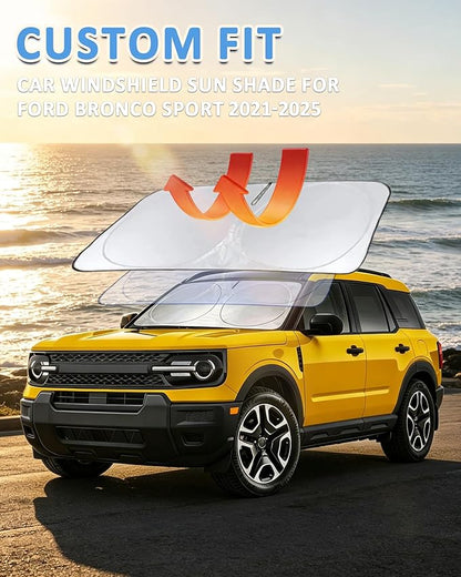 Sunshade for Bronco Sport Windshield Sun Shade for 2025 2024 2023 2022 2021 Ford Bronco Sport 4Door Accessories Foldable Front Window Shield Cover Sun Visor Protector Block UV Rays Heat Reflector
