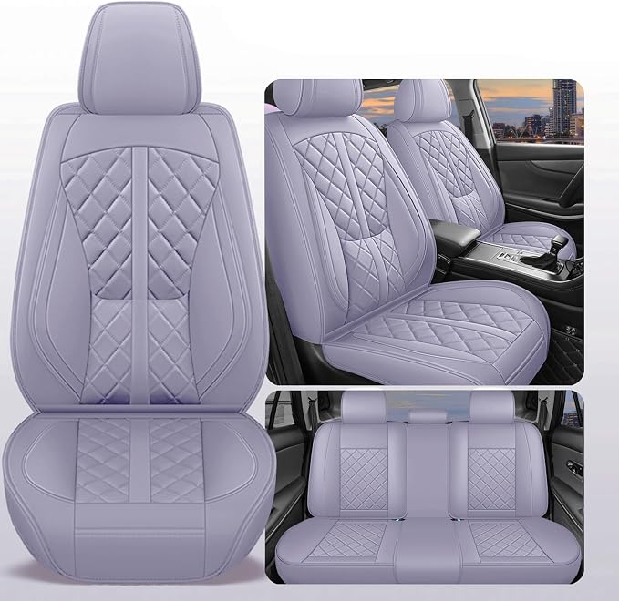 otoez Car Seat Covers Full Set, Universal Leather Seat Cover 5 Seat Waterproof & Breathable Automotive Seat Protector Full Coverage for Cars Sedens, Trucks, SUVs, Vans (Light Purple)