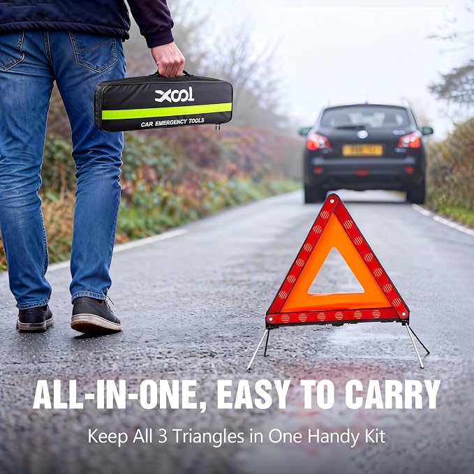 XOOL Warning Triangle, Emergency Warning Triangles for Vehicles, Reflective Triangle, Emergency Warning Reflector Safety Triangle Kit with Carry Case, 3-Pack