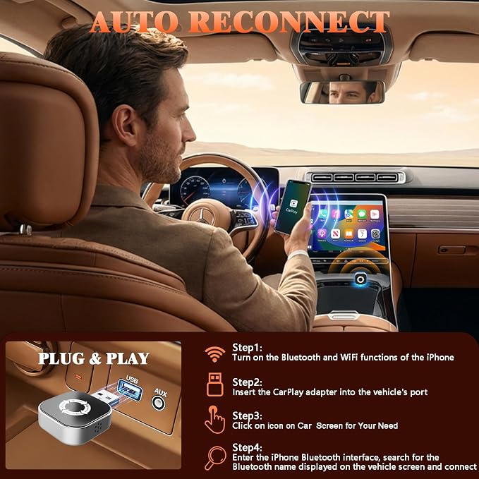 4 in 1 Wireless CarPlay Adapter with Screen Mirroring – Supports Apple CarPlay & Android Auto & AirPlay & MirrorLink, 2026 Upgraded screen mirroring dongle for car, USB-A/USB-C Connection, Plug & Play