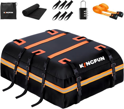 Kingfun Car Rooftop Cargo Carrier Bag, Waterproof 15 Cubic Feet Car Roof Luggage Carrier for All Vechicles with/Without Racks, Includes Anti-Slip Mat, 8 Reinforced Straps, 6 Door Hooks,Luggage Locks
