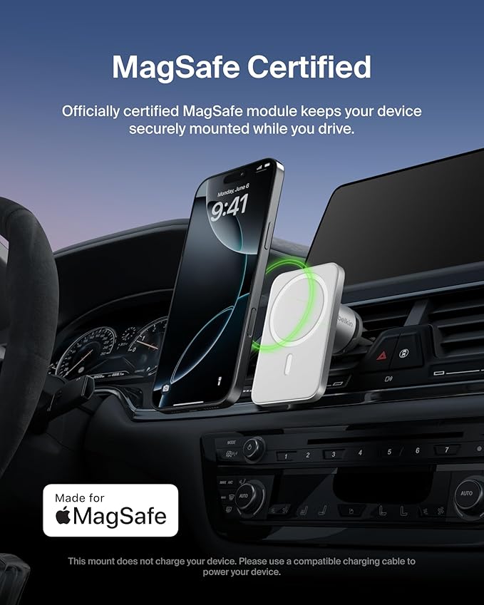 Belkin MagSafe Vent Mount Pro - MagSafe Compatible Phone Mount for Car - Wireless Magnetic Phone Holder Mount for iPhone 17, iPhone 16, 15, Pixel 10, & More - Car Accessories (Certified Refurbished)