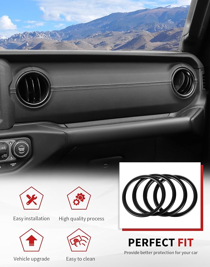 JWWY JL AC Air Vent Trim Rings & Dashboard Headlight Switch Decor Switch Knob Cover Kit Fit for 2018-2023 Jeep Wrangler JL JLU Interior Accessories, Aluminum Alloy 8PCS Black