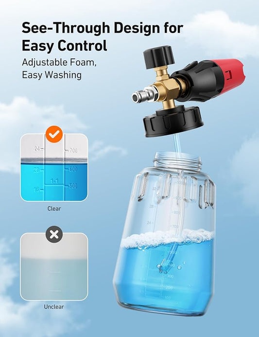 AstroAI Foam Cannon for Pressure Washer, Snow Clear Foam Cannon, Wide Neck Foam Blaster Adjustable Nozzle for Car Wash Accessories, with 1/4 Inch Quick Connector,1 L Clear Bottle